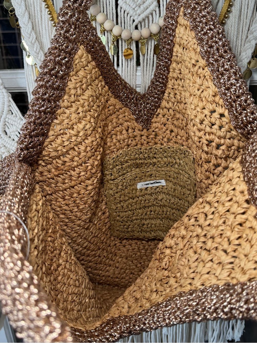 ☀️🥥NEW Anthropologie Tipped Angular Jute Straw Tote Rafia Woven Summer Beach Bag - Picture 6 of 6